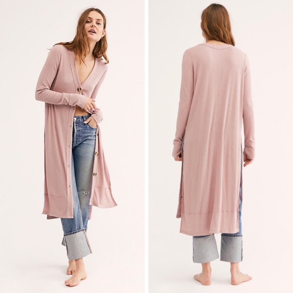 Light Pink Long Buttoned Ribbed Cardigan Sweater